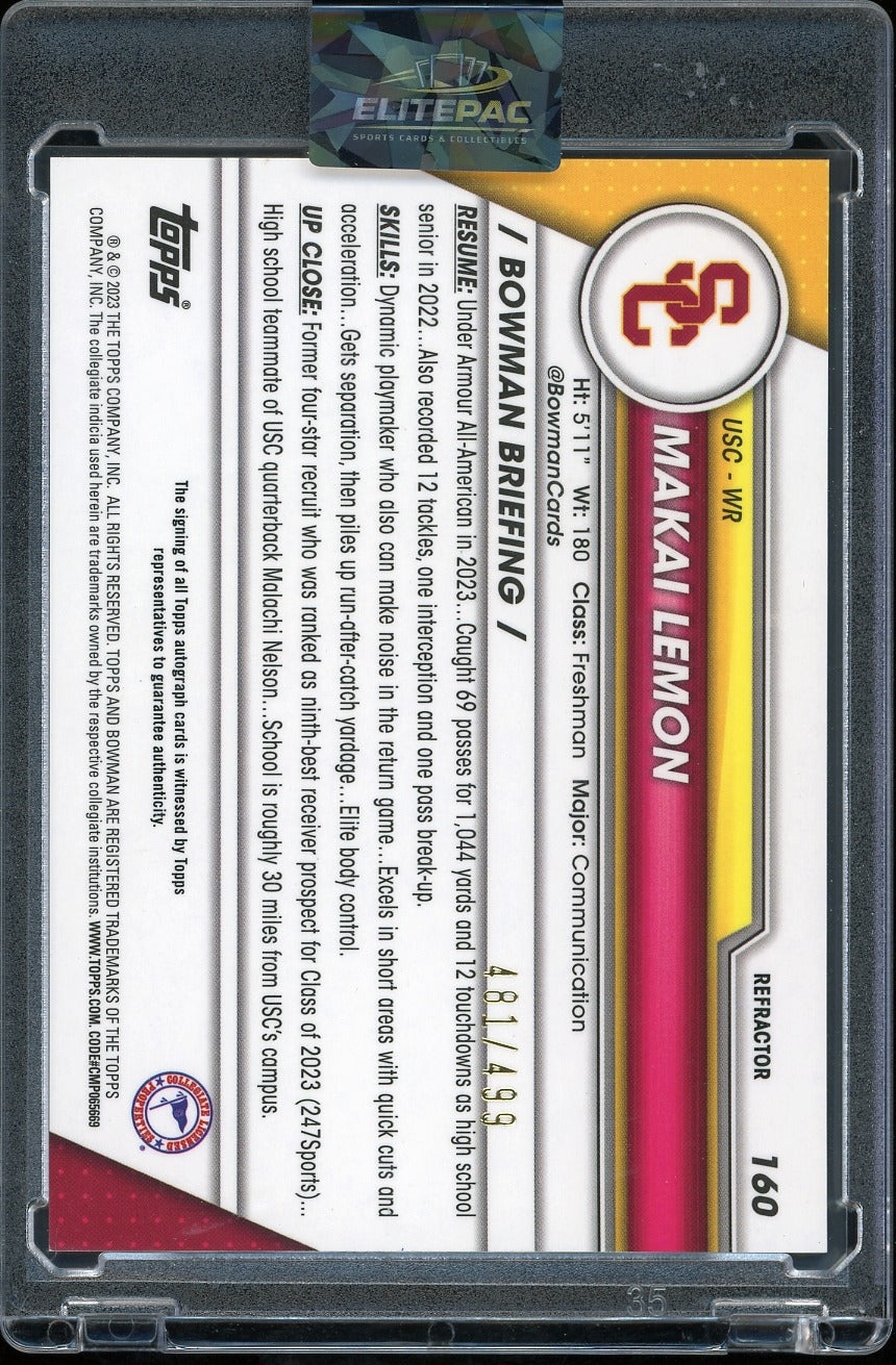 2023 Bowman University Chrome #160 Makai Lemon  Autographs Refractor #/499