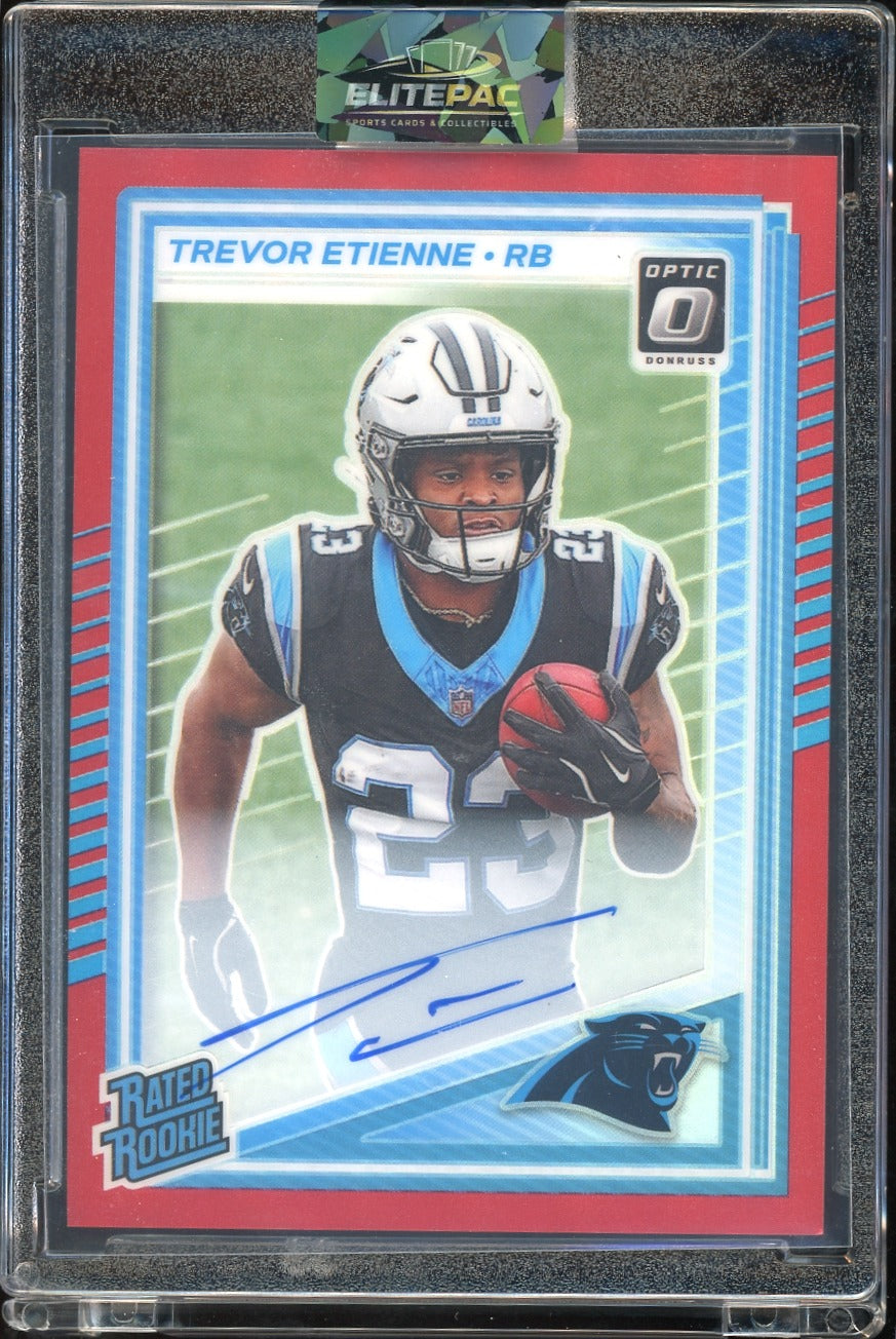 2025 Donruss Optic #222 Trevor Etienne Rated Rookies RPS Autographs Red #/99