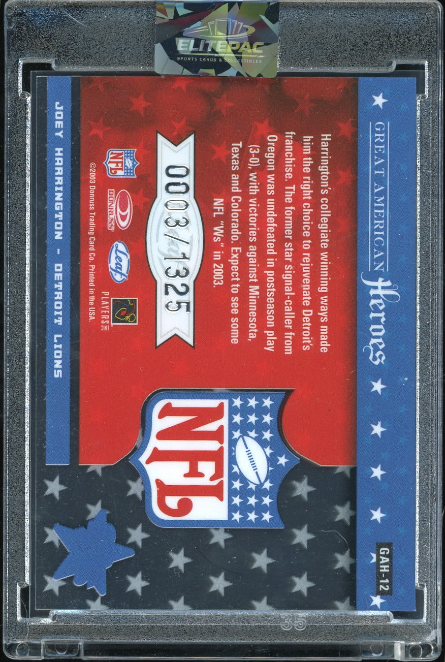 2003 Leaf Rookies & Stars Joey Harrington Great American Heroes #/1325 Football