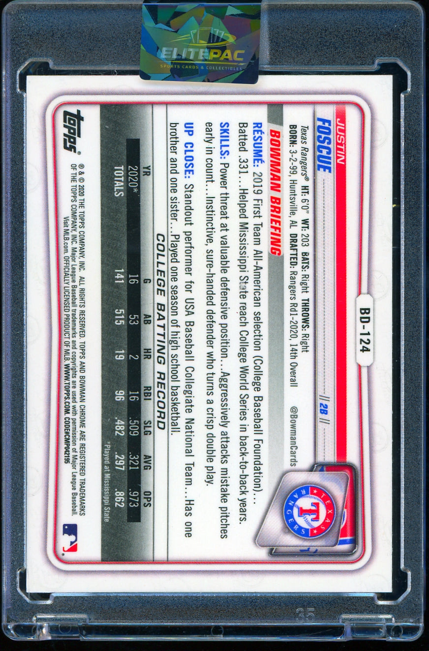 2020 Bowman Draft #BD-124 Justin Foscue Chrome Baseball