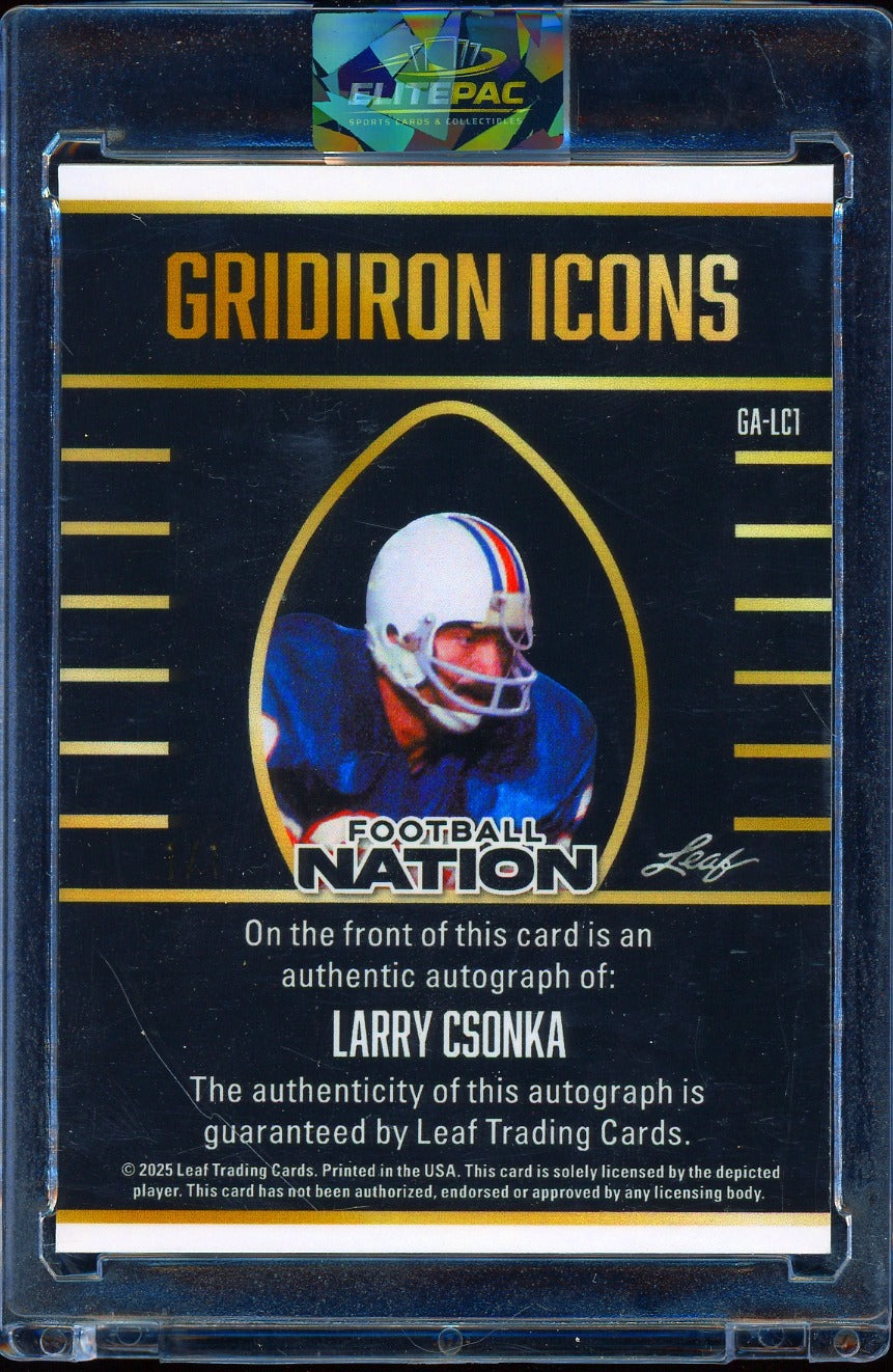 2025 Leaf Football Nation - Gridiron Icons Auto Prismatic Gold Larry Csonka #/1