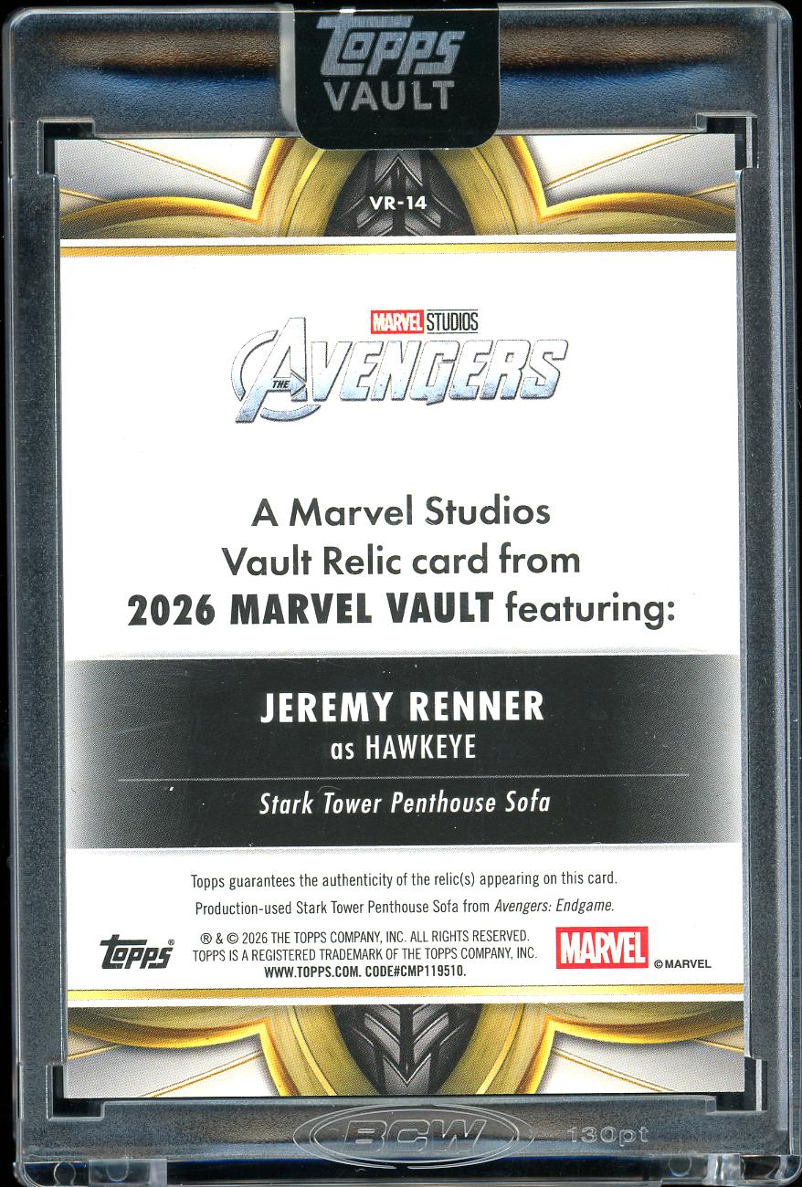 2026 Topps Marvel Vault Relic Sofa Hawkeye Jeremy Renner 33/50