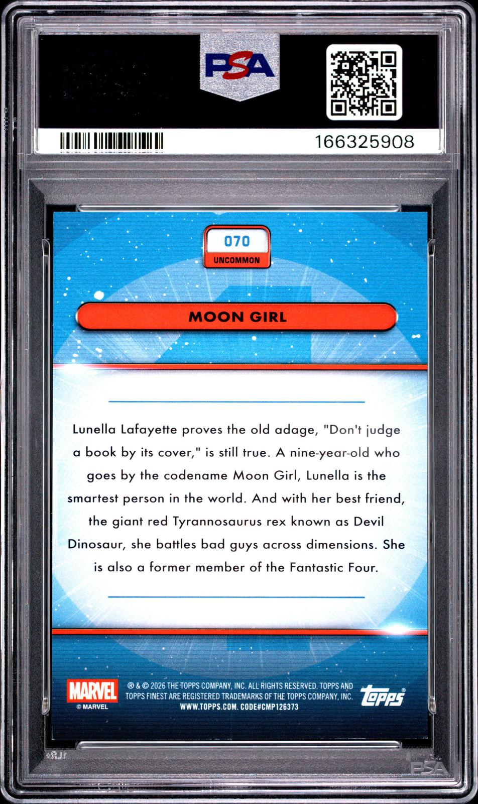 2026 Topps Finest Fantastic Four 65th Ann Moon Girl Blue Refractor PSA 9
