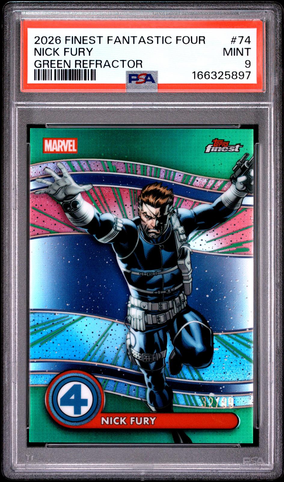 2026 Topps Finest: Fantastic Four Nick Fury Green Refractor PSA 9 32/99